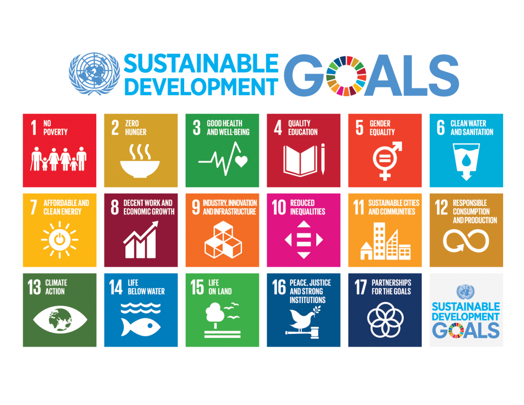 UN이 공표한 지속가능발전 목표 17가지가 픽토그램으로 나열되어 있다.